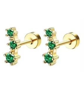 Anthropologie Gold Tone Earrings with Green Crystal Trio - Women Jewelry